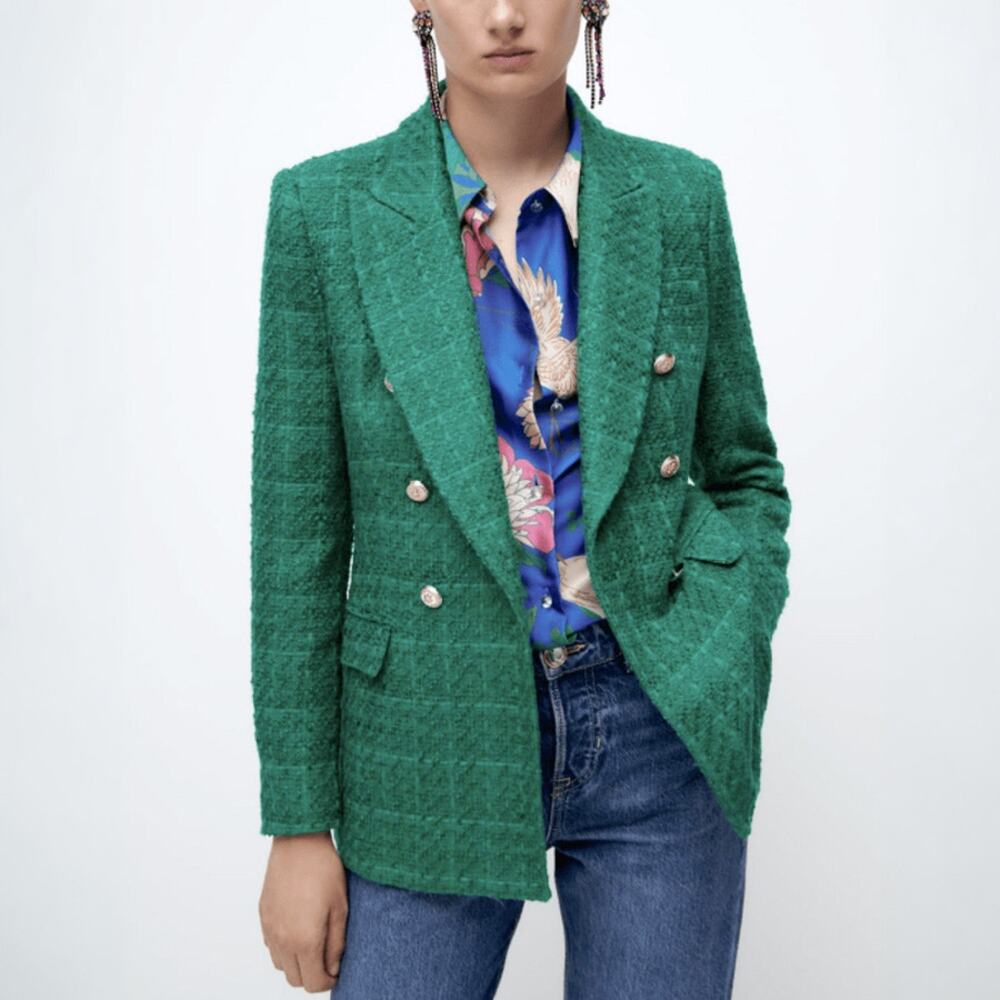 ZARA Green Tweed Double Breasted Blazer Size M